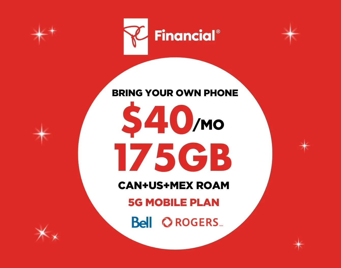 White President's Choice Financial logo above a white circle on a red  background containing "175 GB FOR $40/MO with Bell and Rogers carriers".